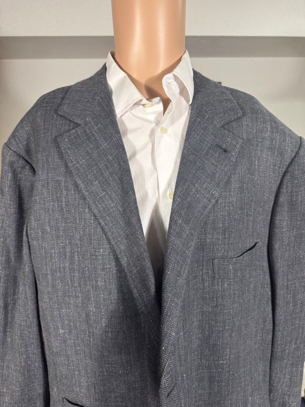Brunello Cucinelli Gray Herringbone Blazer 64 54R US Mens' XXXXL Wool Linen Silk